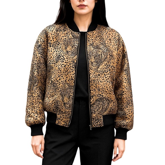 Vintage Marguerite Li 100% Silk Leopard Print Women's Bomber Jacket Size Large - Picture 1 of 12